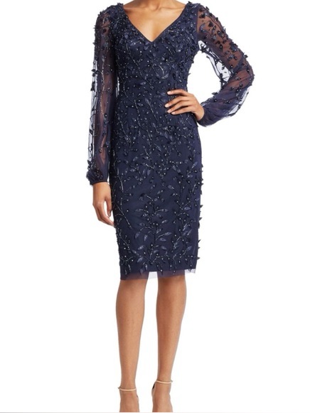 Theia Navy Blue Embellished Balloon Sleeve V-Neck Cocktail Dress Size 2